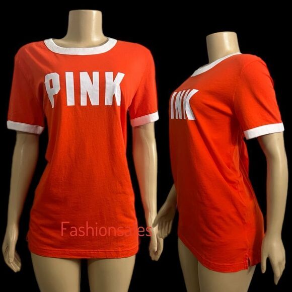 Victorias Secret Pink Campus Ringer Oversized Short Sleeve Logo Tee Shirt Tomato - Picture 2 of 9
